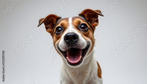 hyper realistic, intensely cheerful jack russell terrier isolated against a stark white void, captured in extreme close up with a disorienting fish eye lens, the subject, bathed in an intense photo
