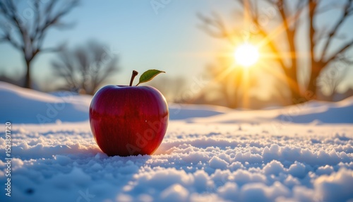 a lone, radiant, blue apple, basks, delightful in sunny realism from a dramatic forced perspective; subject anchored low, leaving vast copy space above