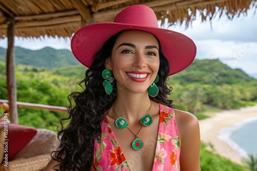Vibrant tourist in pink hat laughs joyfully in tropical cafe, radiating warmth and colorful summer spirit