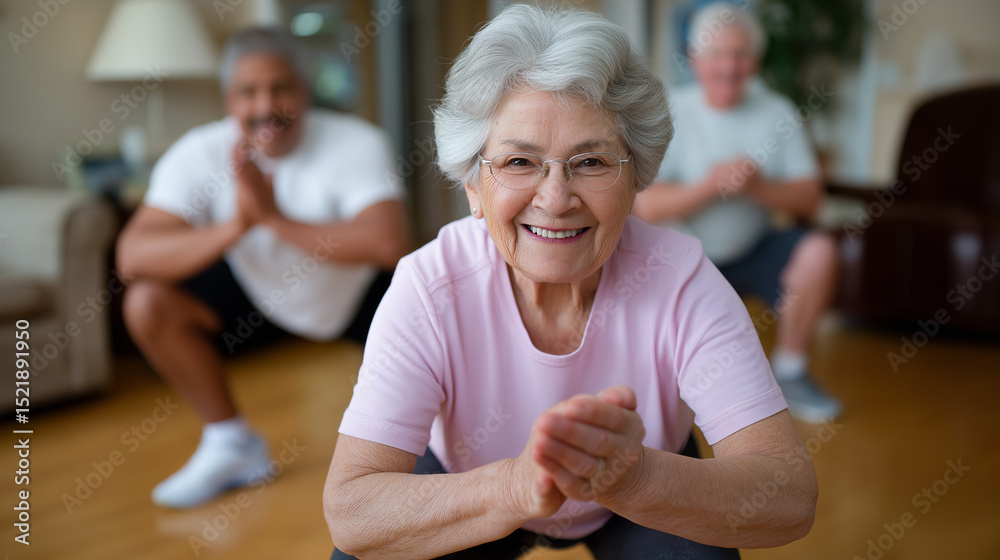 Naklejka premium Family fitness fun with grandmother encouraging playful squats