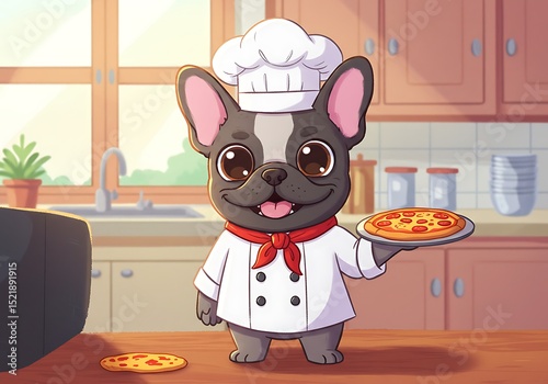 Frenchie in Chef Costume Holding Pizza