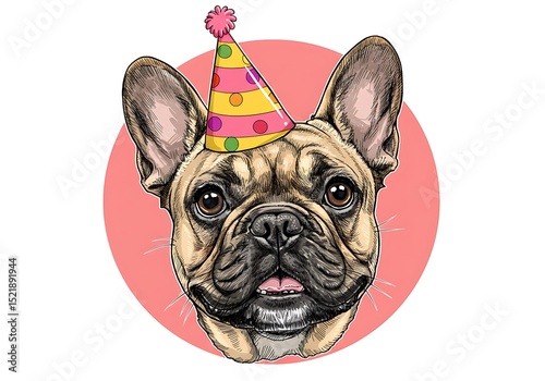 Bulldog with Pink Background and Party Hat