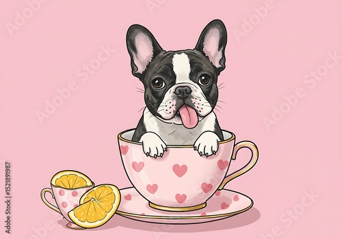 French Bulldog in Teacup with Lemons