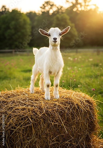 White Goat Standing on Haystack