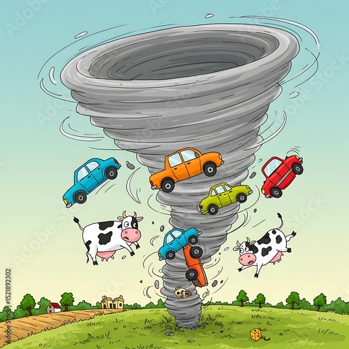 Cartoon Tornado Lifting Animals and Cars