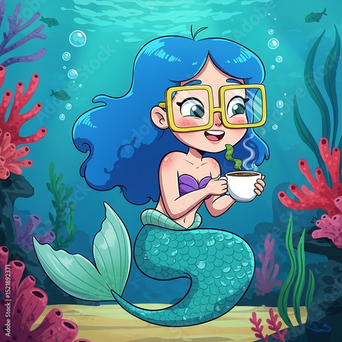 Blue-Haired Mermaid Drinking Coffee Underwater