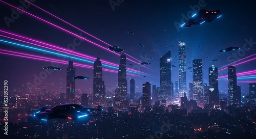 Cyberpunk City with Flying Vehicles at Night photo