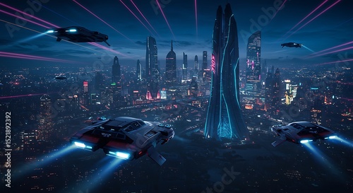 Futuristic City Skyline with Neon Blue Lights