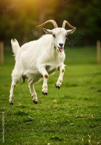 Jumping White Goat in Meadow