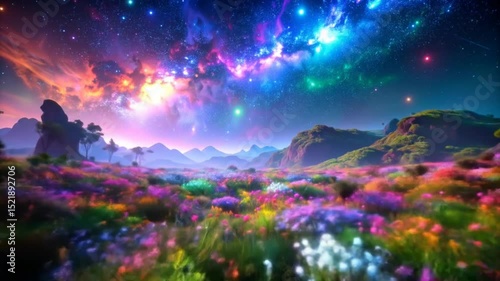 Dreamscape Meadow Under a Celestial Canvas: A Symphony of Floral Colors and Cosmic Light