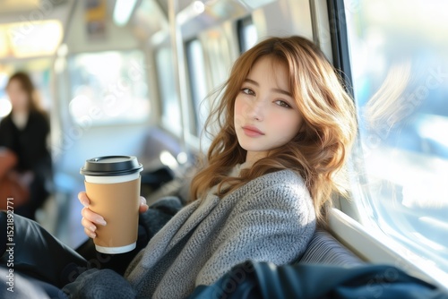 Elegant woman with soft features enjoys coffee on transit, gazing calmly through window in gentle morning light
