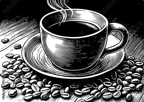 A black and white sketch vector of a steaming coffee cup with coffee beans around