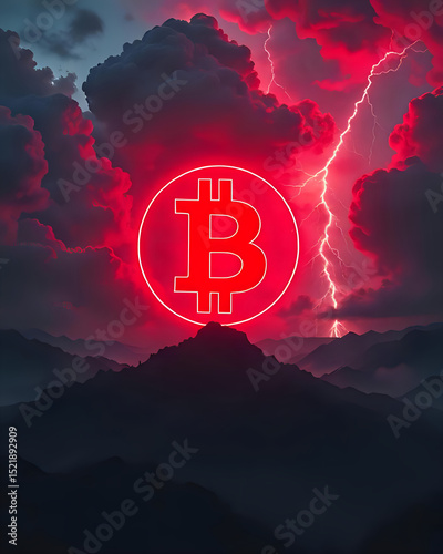 A Glowing Red Bitcoin Symbol in the Sky Above Dark Mountains, with Dramatic Red and Black Dtorm Clouds