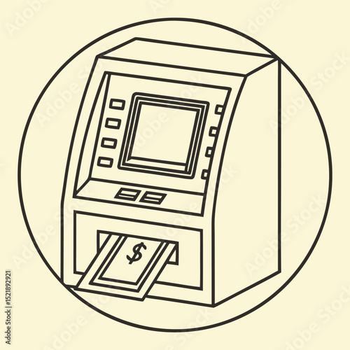 Simplified line art atm depicting cash withdrawal from a financial machine