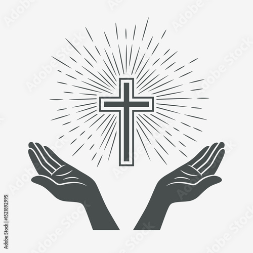 Black and White Open Hands with Cross and Divine Light, Symbol of Faith and Prayer. Design Template for Church Logo. Prayer, Religion Concept Monochrome Cut Out Silhouette Icon. Vector Illustration