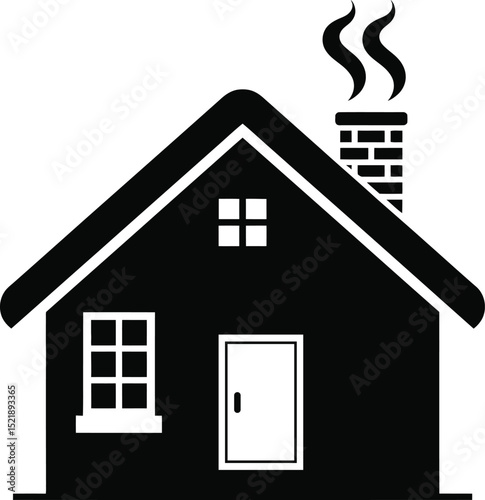 Simple House Silhouette with Chimney – Home Icon Vector Design