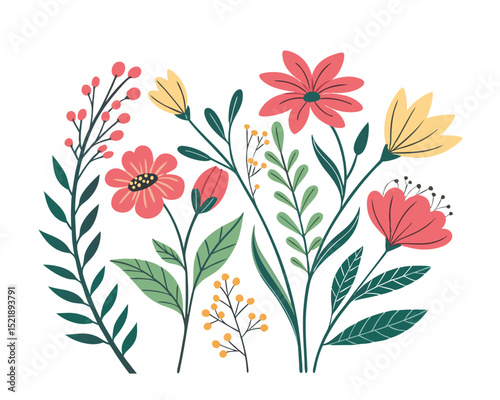 Collection of spring colorful flower elements vector. Wildflower flowers, leaf branches, and foliage are all part of the white background. 