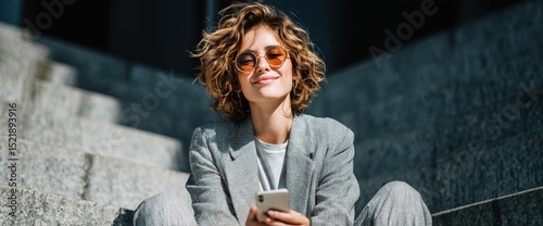 Stylish woman in sunglasses using smartphone on steps.