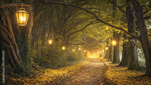 A pathway lined with trees and lanterns creating a magical and enchanting scene in the forest light