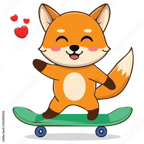 A cute fox is joyfully skateboarding. It expresses emotions with its smiling face, and it has a friendly expression