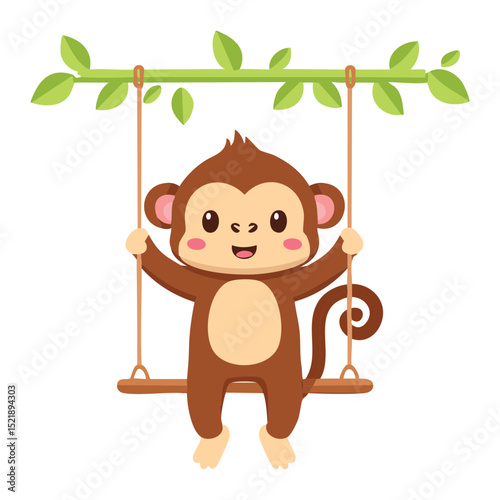 A cute monkey swinging happily on a swing