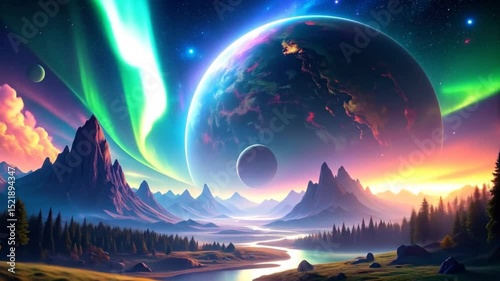 Aurora Borealis Over the Mountains with Planets, Creating a Surreal and Dreamy Landscape
