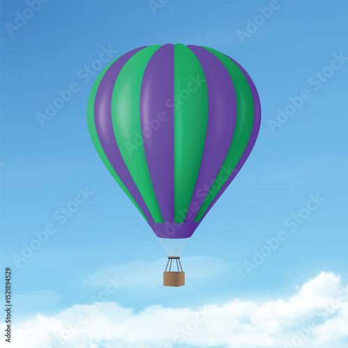 Vector Travel Banner with 3d Realistic Hot Air Balloon Icon on a Blue Sky Background. Design Template, Summer Vacation, Travelling, Tourism and Journey Concept