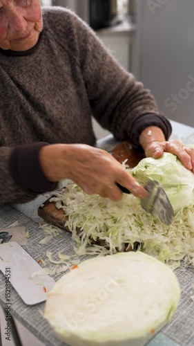 Elderly woman skillfully chops cabbage on a wooden cutting board, preparing it for a meal