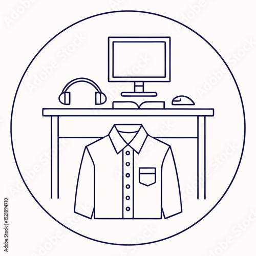 Work from home illustration featuring desk, computer, headphones and button down shirt