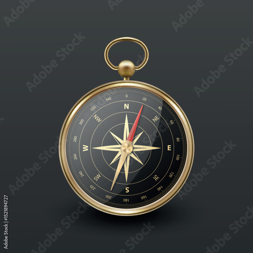 Realistic 3D Vector Compass with Gold Metallic Frame, Navigation Tool Illustration. Vintage Wind Rose Symbol on Dial, Compass Icon Close-up, Isolated