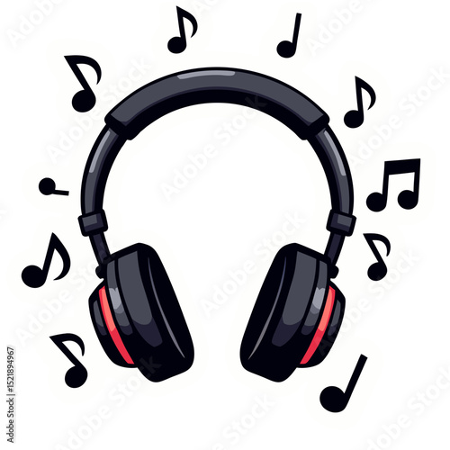 Headphones broadcast music notes, creating a joyful mood, vector illustration for entertainment concepts.