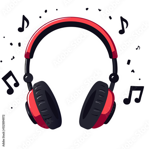 Red Headphones Broadcast Music Notes in a White Background, isolated, illustration, vector, with copy space, modern design, audio concept