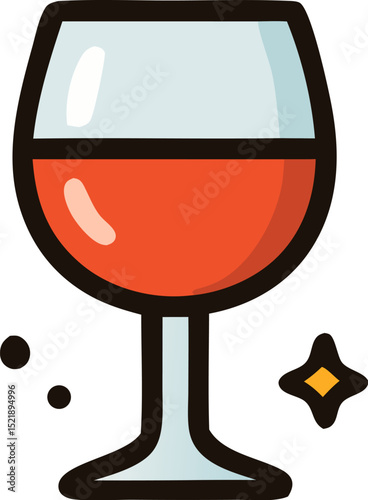A stylized cartoon illustration of a red wine glass with a liquid and a subtle sparkle.