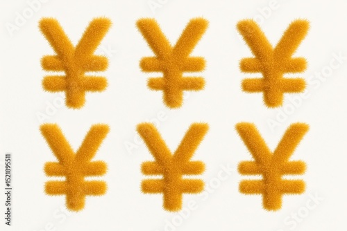 Fluffy golden set of Japanese yen symbols on white isolated background