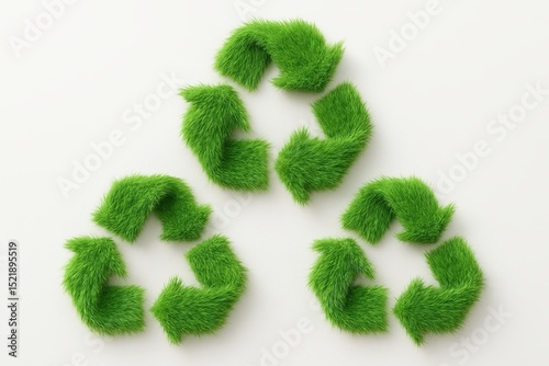 3d render Fuzzy or Fluffy green recycling sign made of thick grass on white isolated background