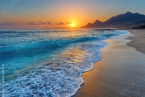 Sunset beach scene isolated on white background