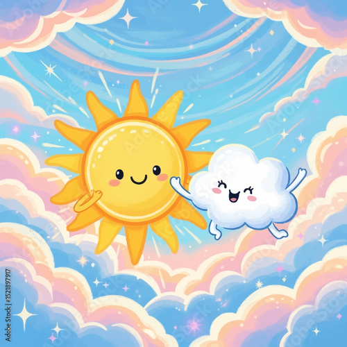 Cute Cartoon Sun and Cloud Friendship in a Dreamy Sky
