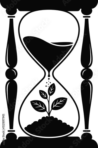 Hourglass with Growing Plant Silhouette – Time and Nature Concept Art