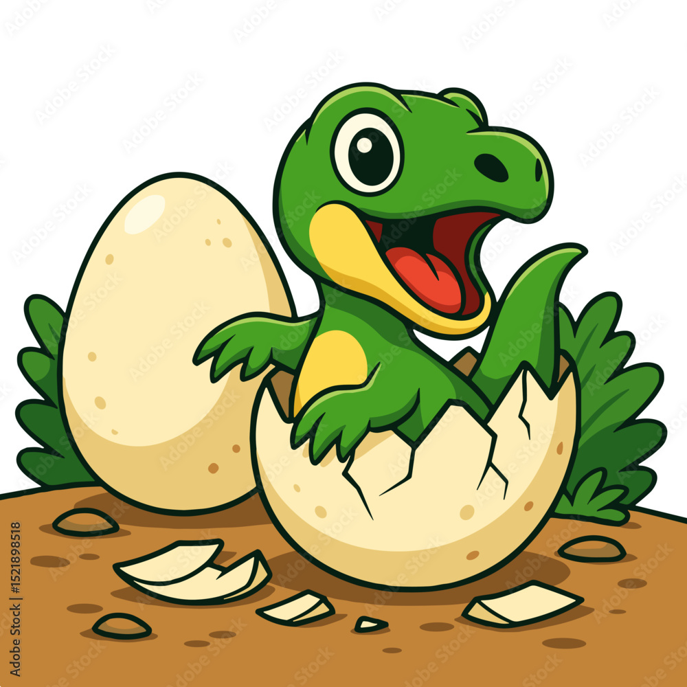 Naklejka premium Cute cartoon baby dinosaur hatching from egg, colorful prehistoric illustration for children’s books, games or learning materials 
