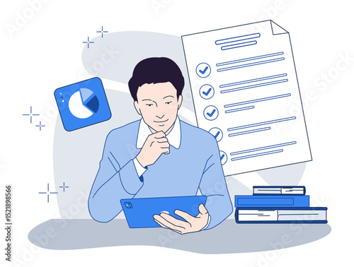 Man holding tablet while reviewing charts and checklist, minimal flat style, white background. Concept of productivity, planning, and data analysis. Vector illustration