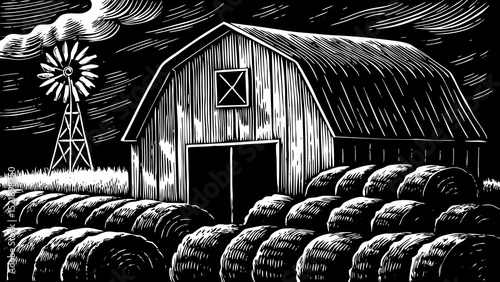 A black and white sketch vector of a farm barn with windmill and hay bales