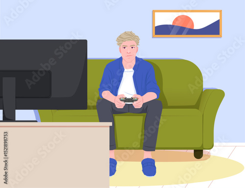 Young man sitting on green sofa playing video games, cartoon style, indoor living room background, concept of leisure and entertainment. Vector illustration
