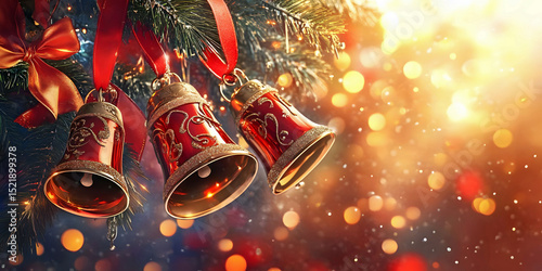 Festive Bells Hanging in a Colorful Background, ai generated.