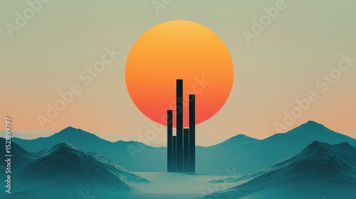 Minimalist Sunset Landscape with Abstract Structures