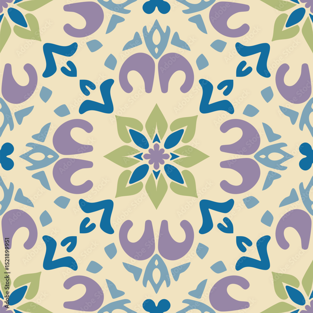 Fototapeta premium Vector seamless pattern in ethnic folk style. Abstract floral geometric ornament with indian, mughal, oriental, indonesian, asian, mexican motifs. Colorful background texture. Traditional geo design