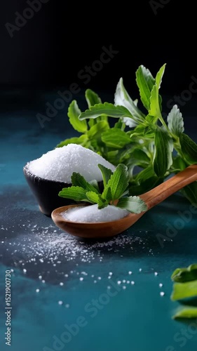 Natural sweetener: Granulated sugar substitute with stevia leaves on a wooden spoon and in a bowl against a dark background. Health food, organic sweetening.