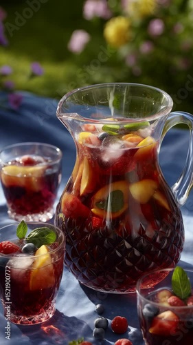Refreshing berry sangria beverage in a glass pitcher with fruits and mint garnish on a picnic blanket outdoors