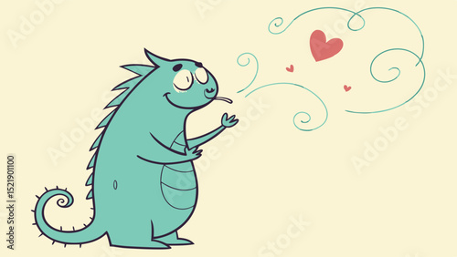 A Cute Animated Lizard Character Blowing Hearts