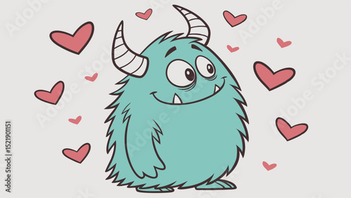 Affectionate Cartoon Monster Surrounded by Floating Hearts Smiling Cheerfully