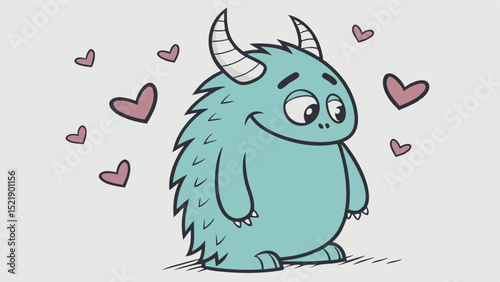 Affectionate Cartoon Monster with Horns and Hearts Smiling Lovingly